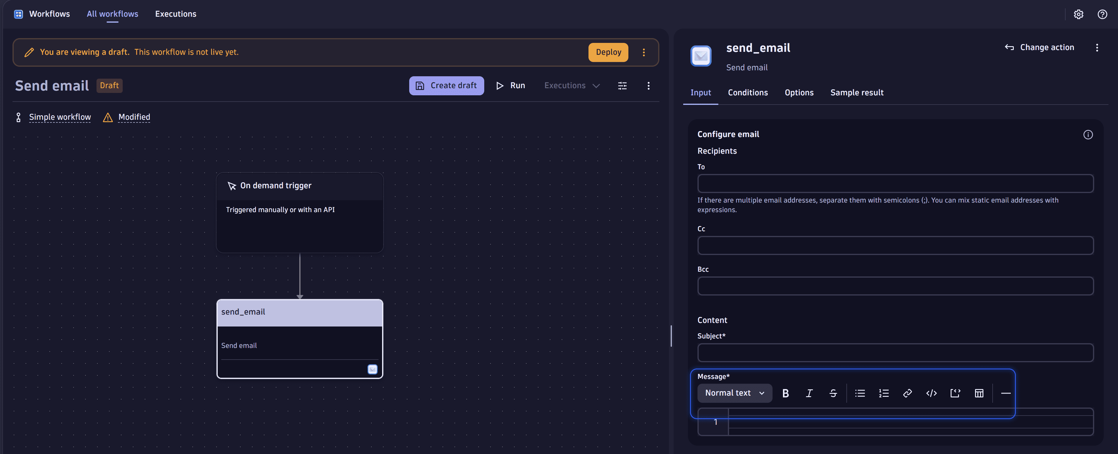 Screenshot of a workflow with an email action where the email body text can be formatted.