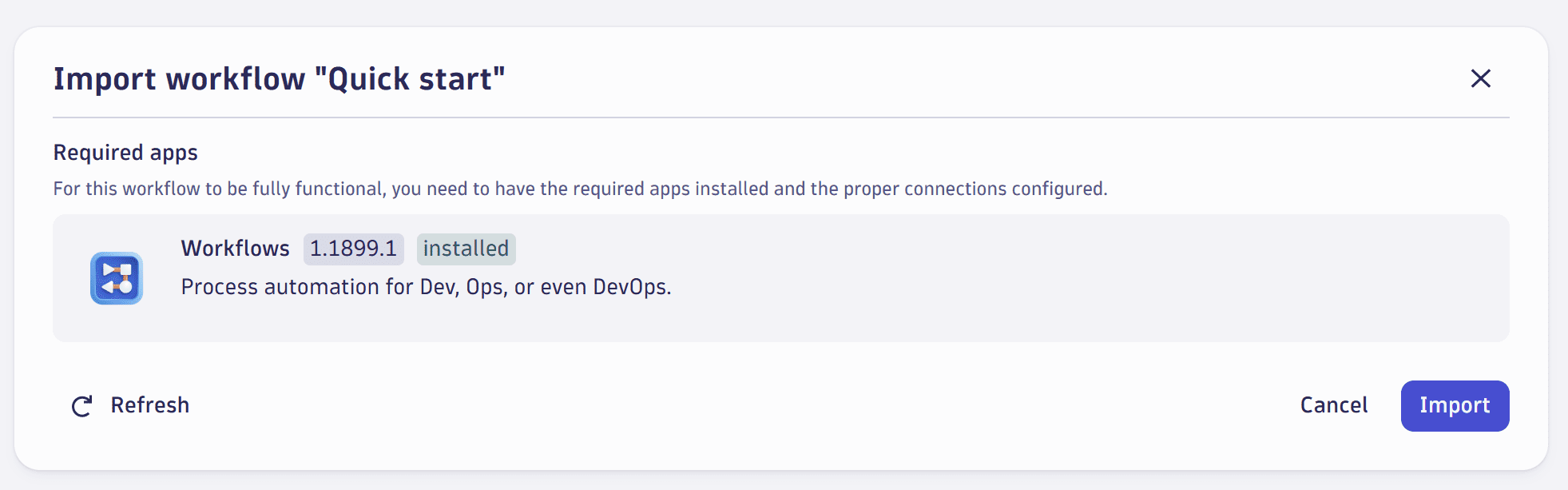 Screenshot of Import workflow dialog.