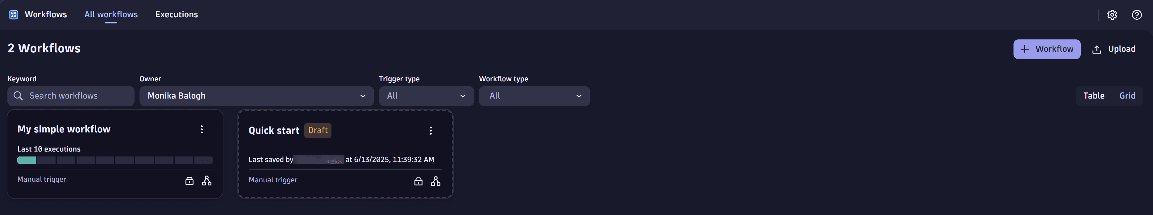 Screenshot of a draft workflow in the All workflows tab.