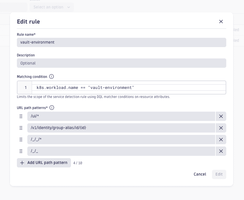 A URL path pattern matching rule for a HashiCorp Vault workload, with a DQL matching condition scoping it to a single Kubernetes workload and four URL path patterns using placeholders, variables, and wildcards