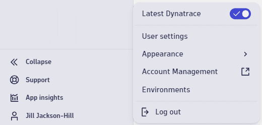 Latest Dynatrace: User menu