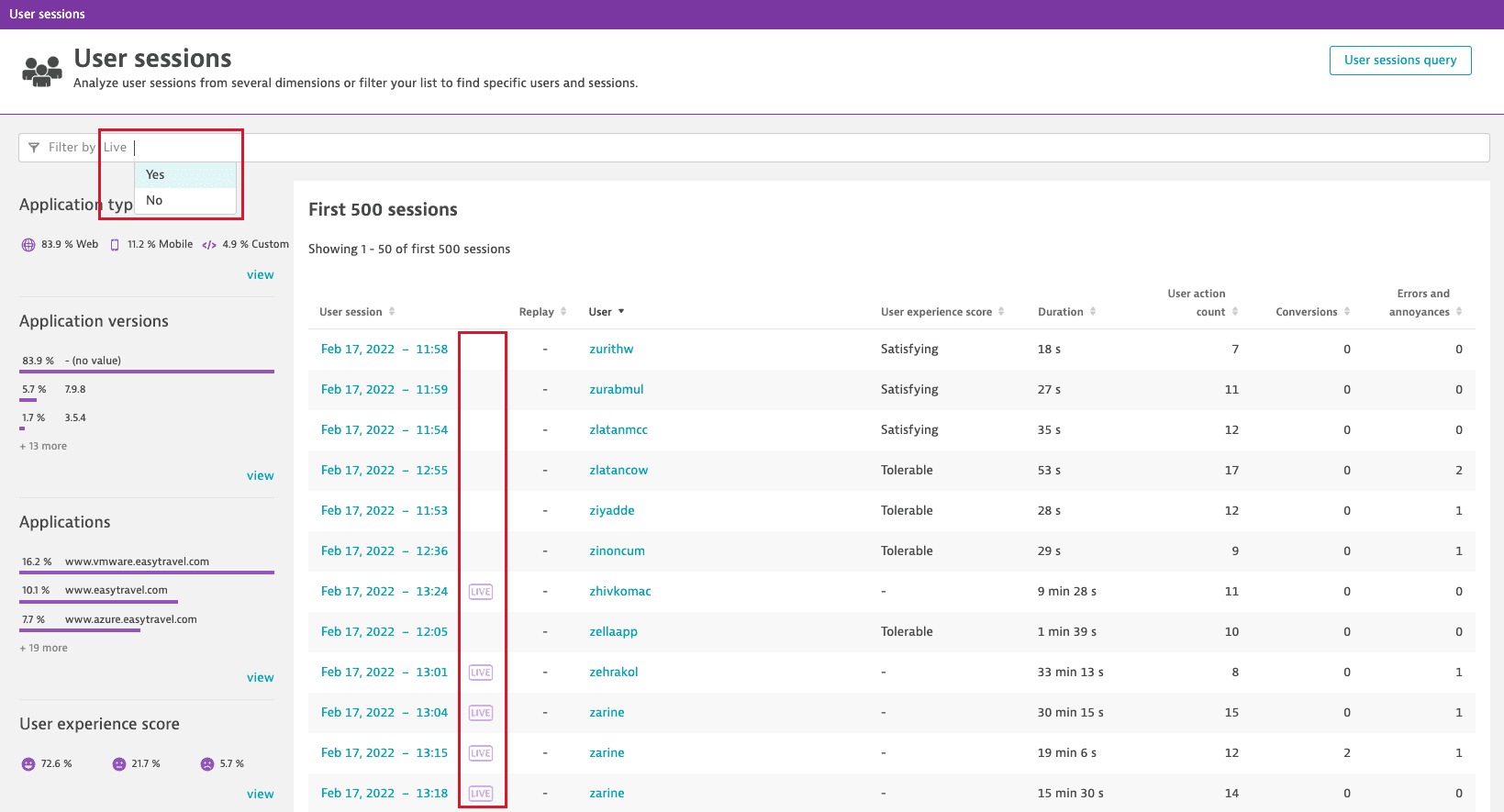 Using the Live filter on the User sessions page