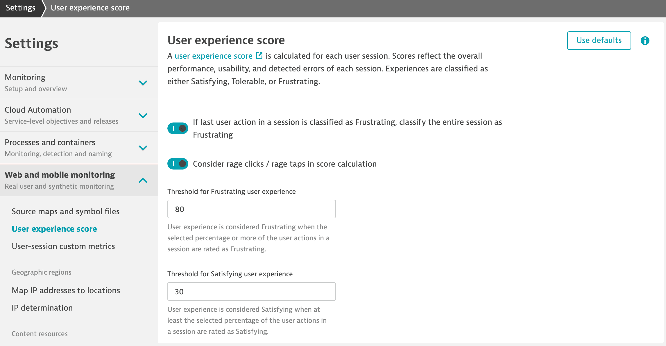 User experience score settings