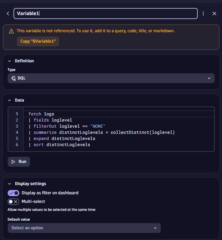 Dashboards: example: troubleshoot a variable
