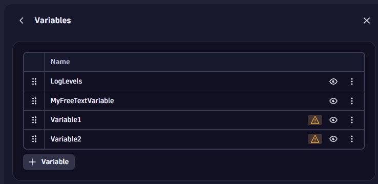 Dashboards: example: variables list