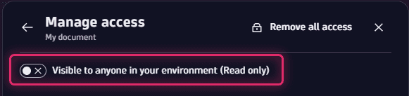 Document: sharing: "Visible to anyone in your environment (Read only)" switch in a document (dashboard, notebook, or launchpad)