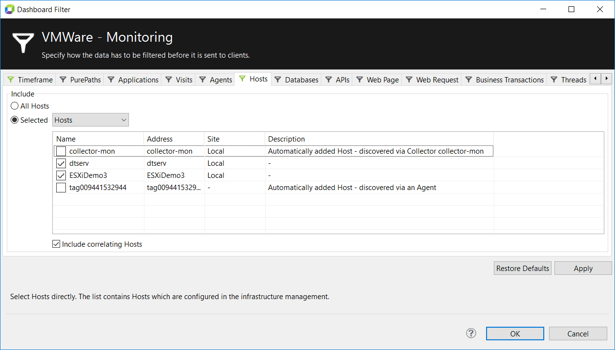 Host filtering on the VMware - Monitoring dashboard