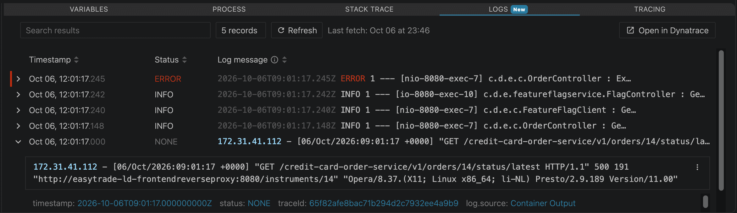 VS Code Live Debugger snapshot logs tab right view