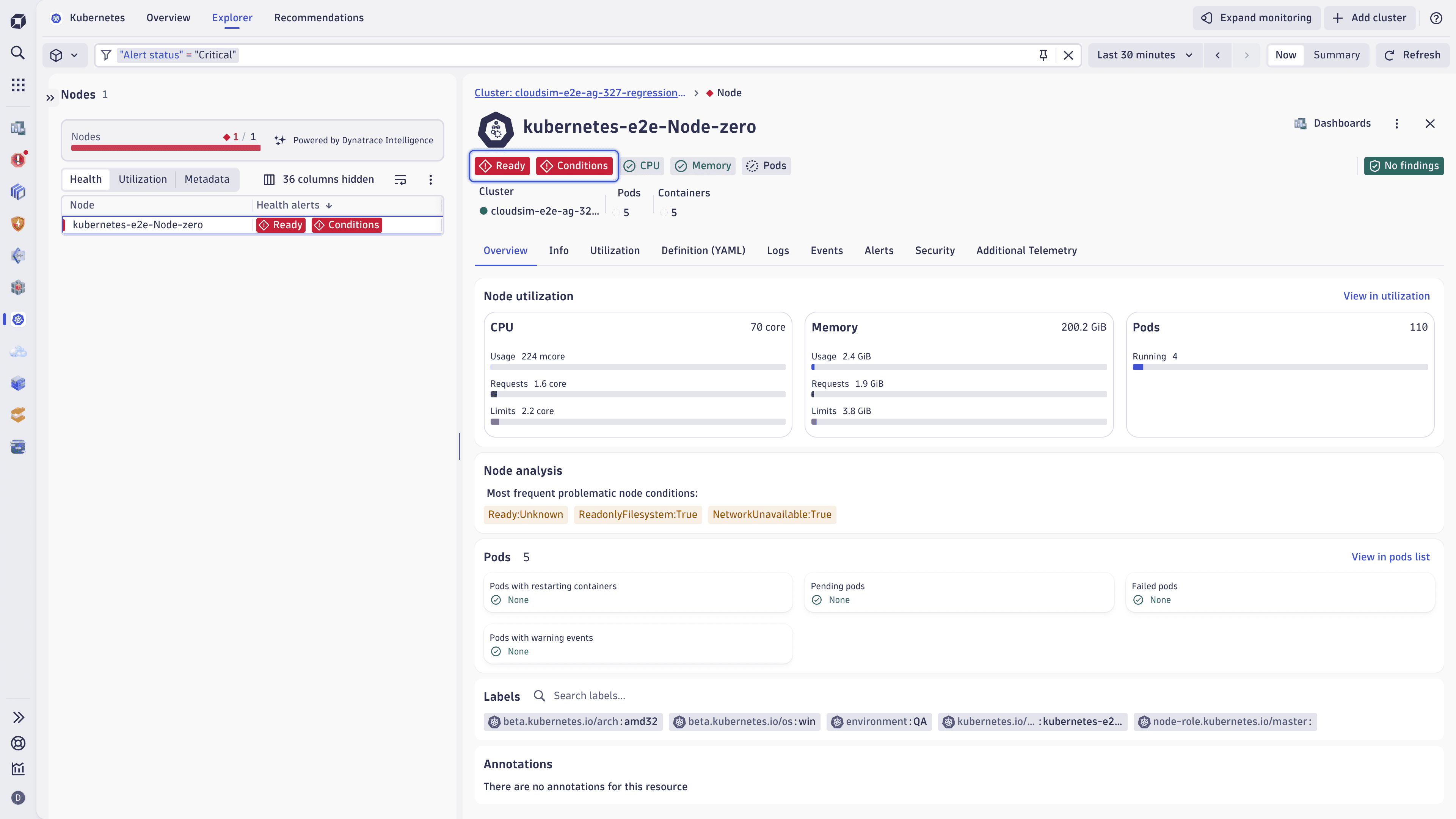 Node details in the Kubernetes app