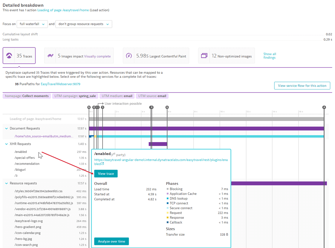 Traces top finding and single request Purepath trace