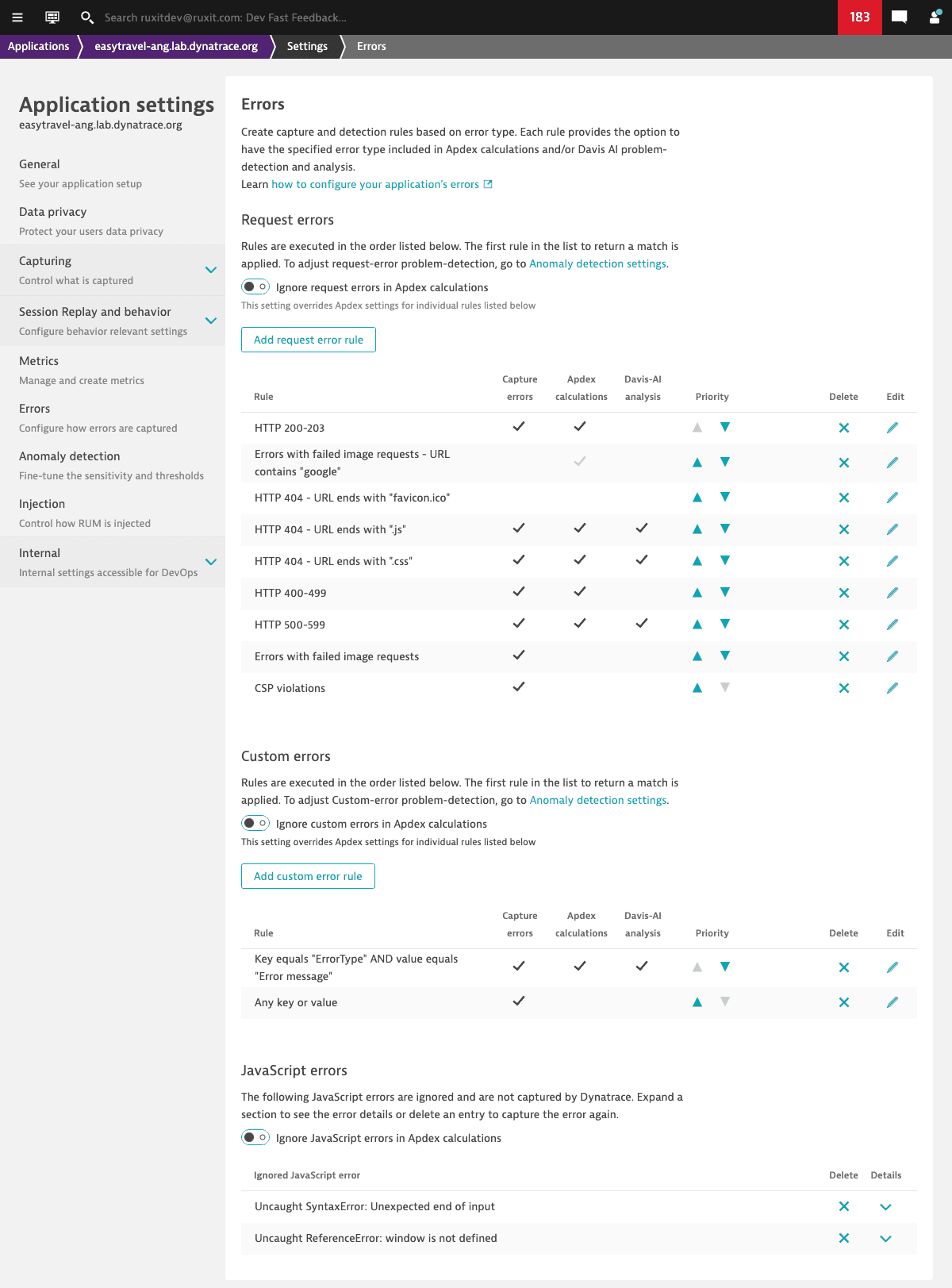 Application rules for errors