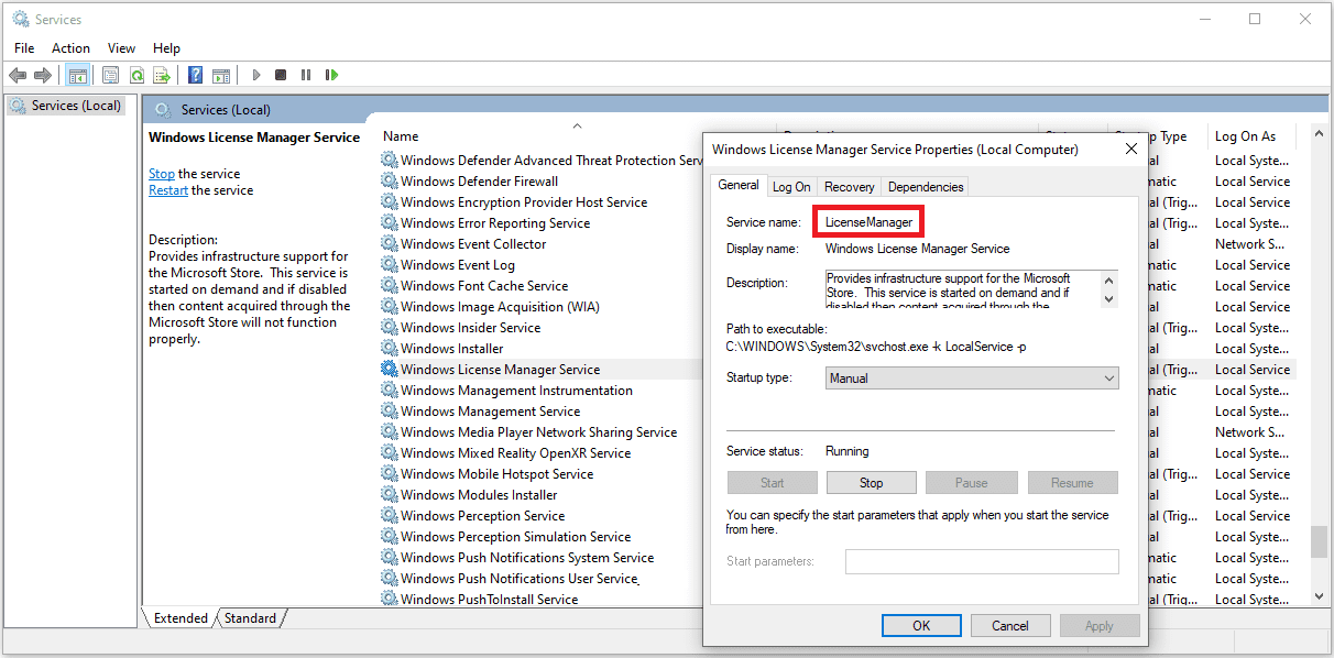Windows services availability: example service name