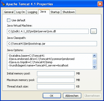 Configure Tomcat properties - Java tab