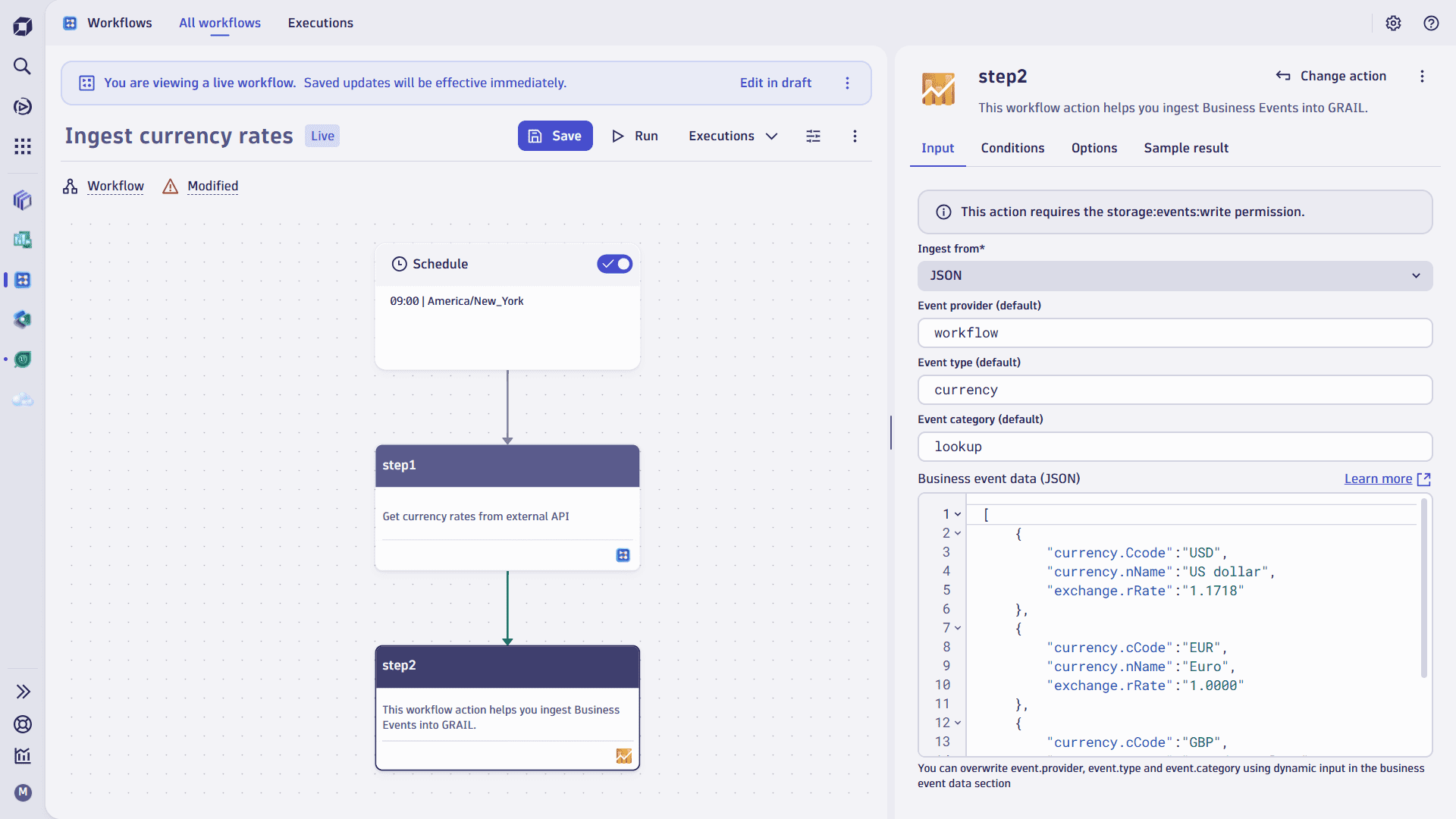 Workflow showing ingest business event step with manually entered JSON data