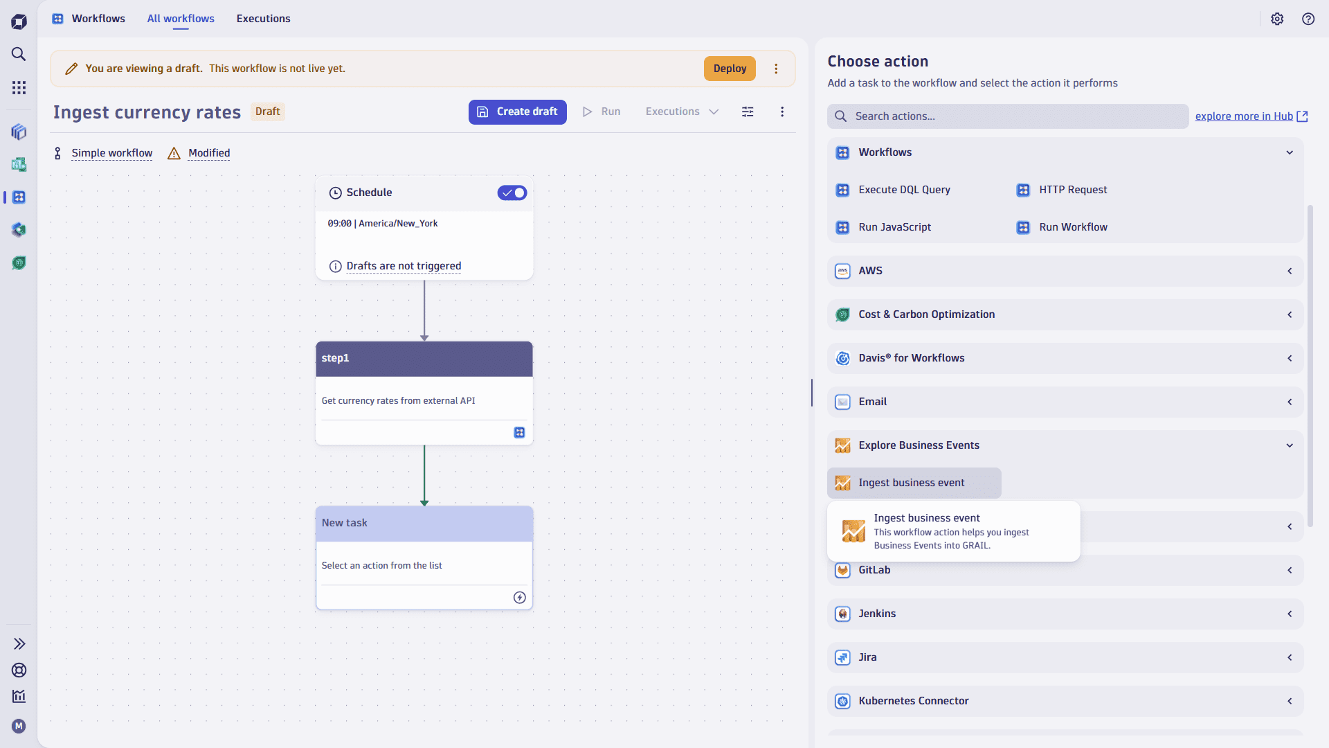 Adding an Ingest business event step to a workflow
