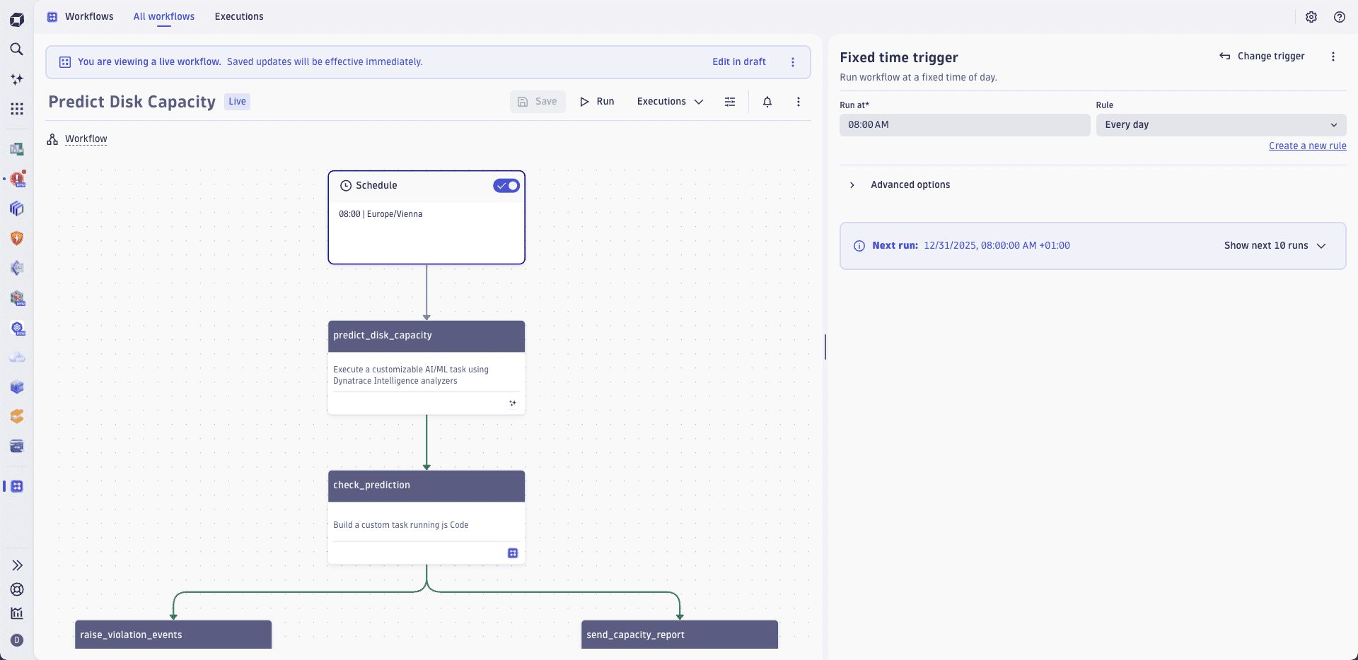 Example of a Dynatrace Intelligence trigger in the Workflows app.