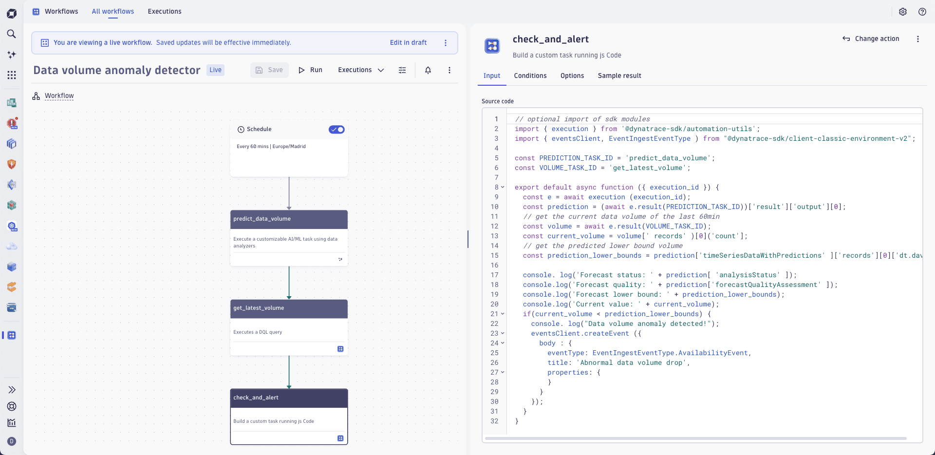 The check and alert step of a data volume prediction workflow in the Workflows app.