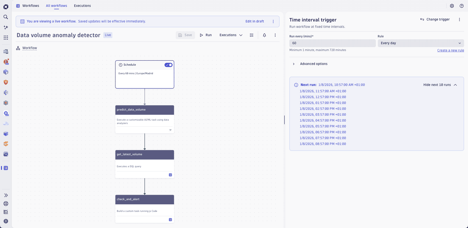 The schedule step of a data volume prediction workflow in the Workflows app.
