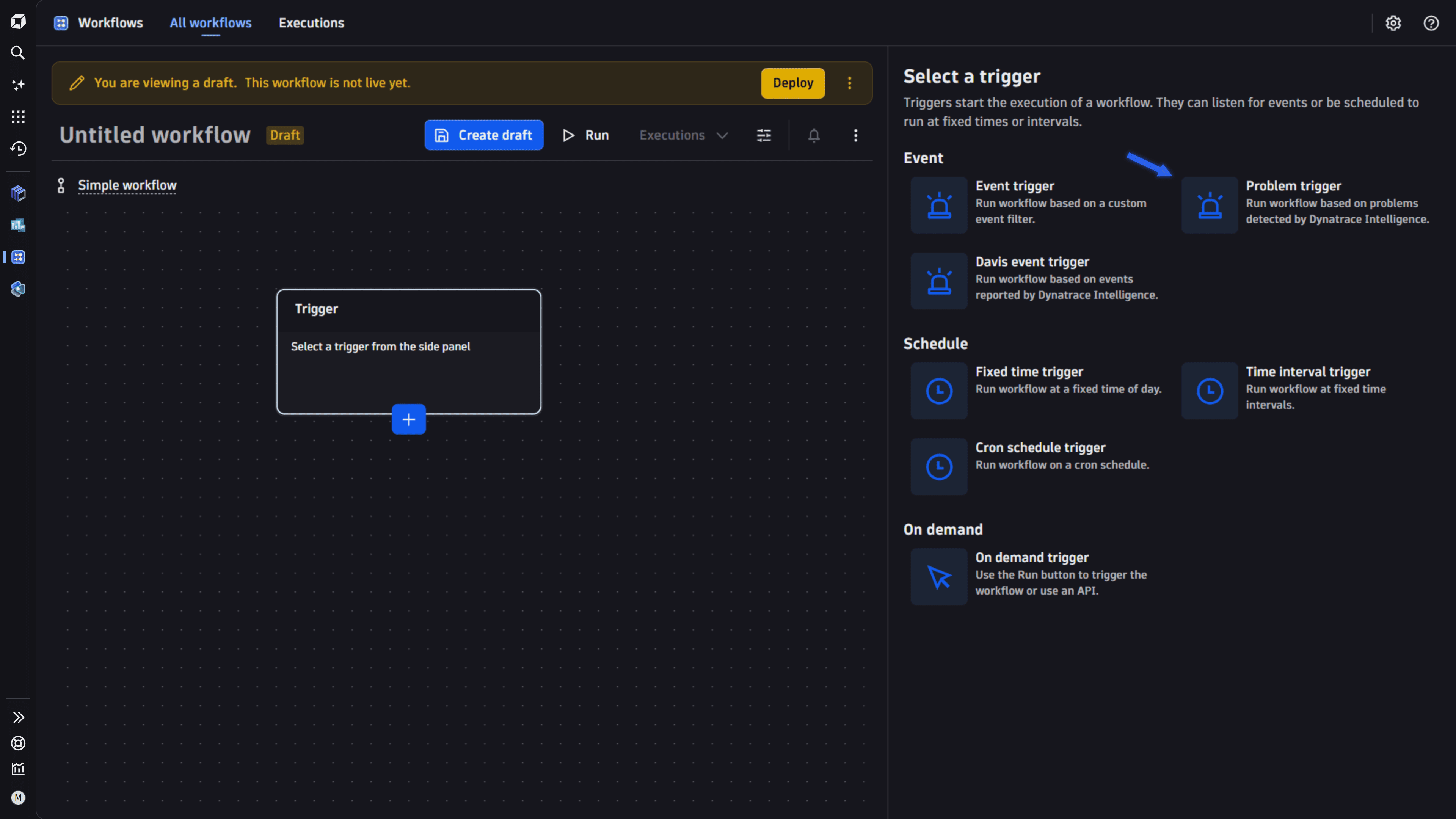 The screenshot shows a Problem trigger in the workflow.