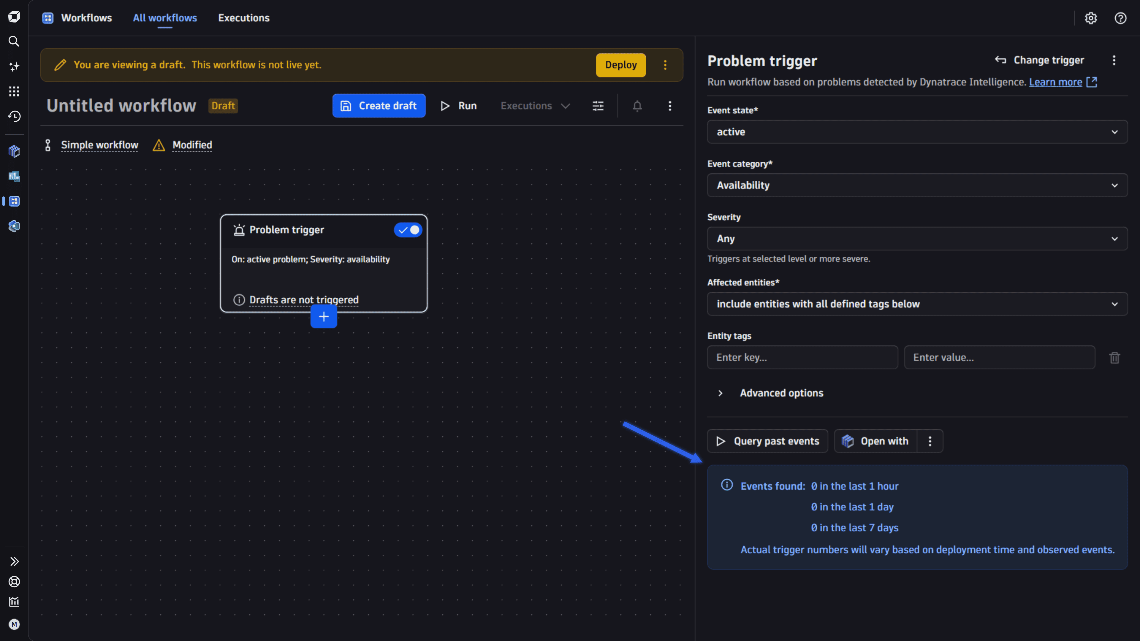 The screenshot shows a Problem trigger in the workflow with the resulting event list.