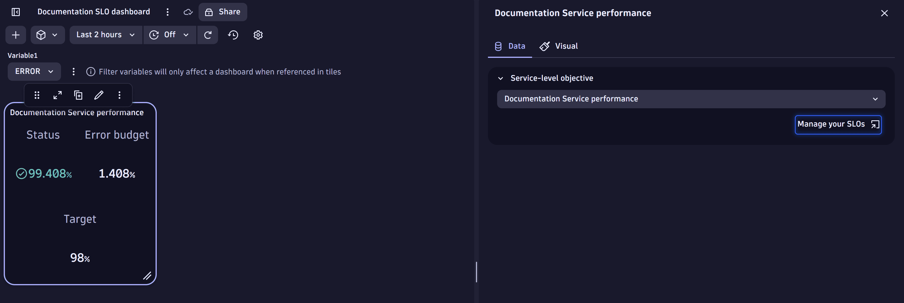 Screenshot of  Service-level objective panel with the Data tab link to the SLO list