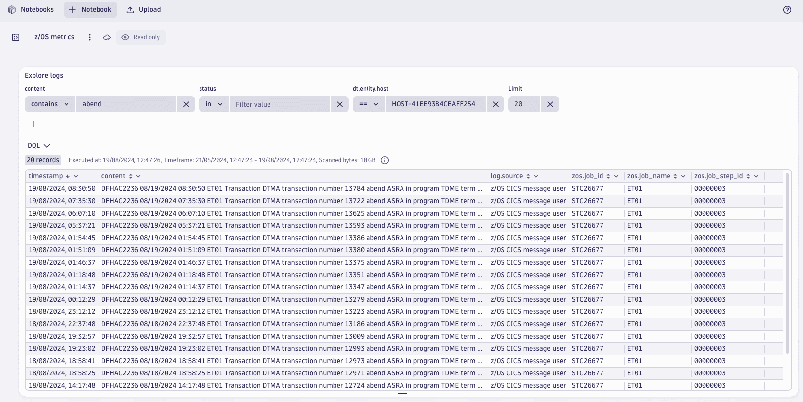 DQL query for z/OS logs