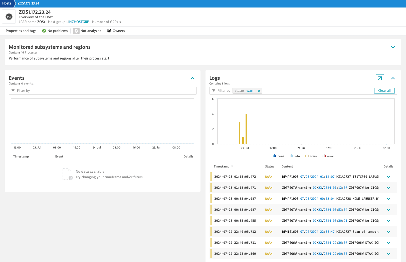 z/OS logs on Host page