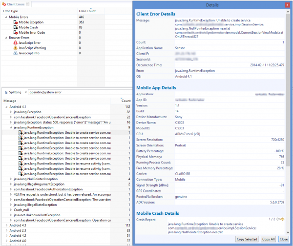 Detailed error and crash report data for development analysis