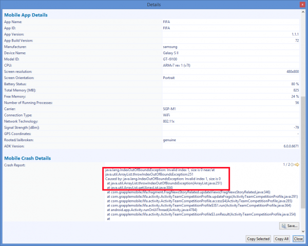 IndexOutOfBound crash detail information with device metrics and crash stack trace