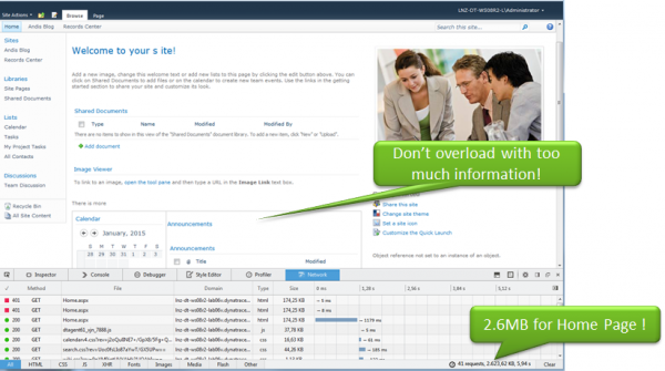 2.6MB for your SharePoint Site Home Page is simply too big. It requires lots of bandwidth and will result in bad user experience