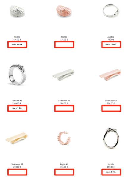 Product listing with available stock quantity