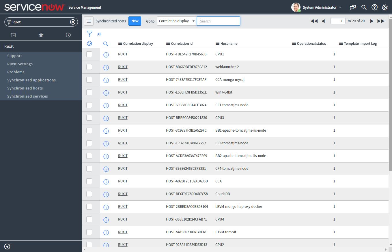 Install the Dynatrace ServiceNow app within your own ServiceNow environment to directly synchronize the list of automatically discovered hosts, applications and services within your ServiceNow instance. Following screenshot shows the synchronized list of hosts within your environment, shared into your ServiceNow instance. 
