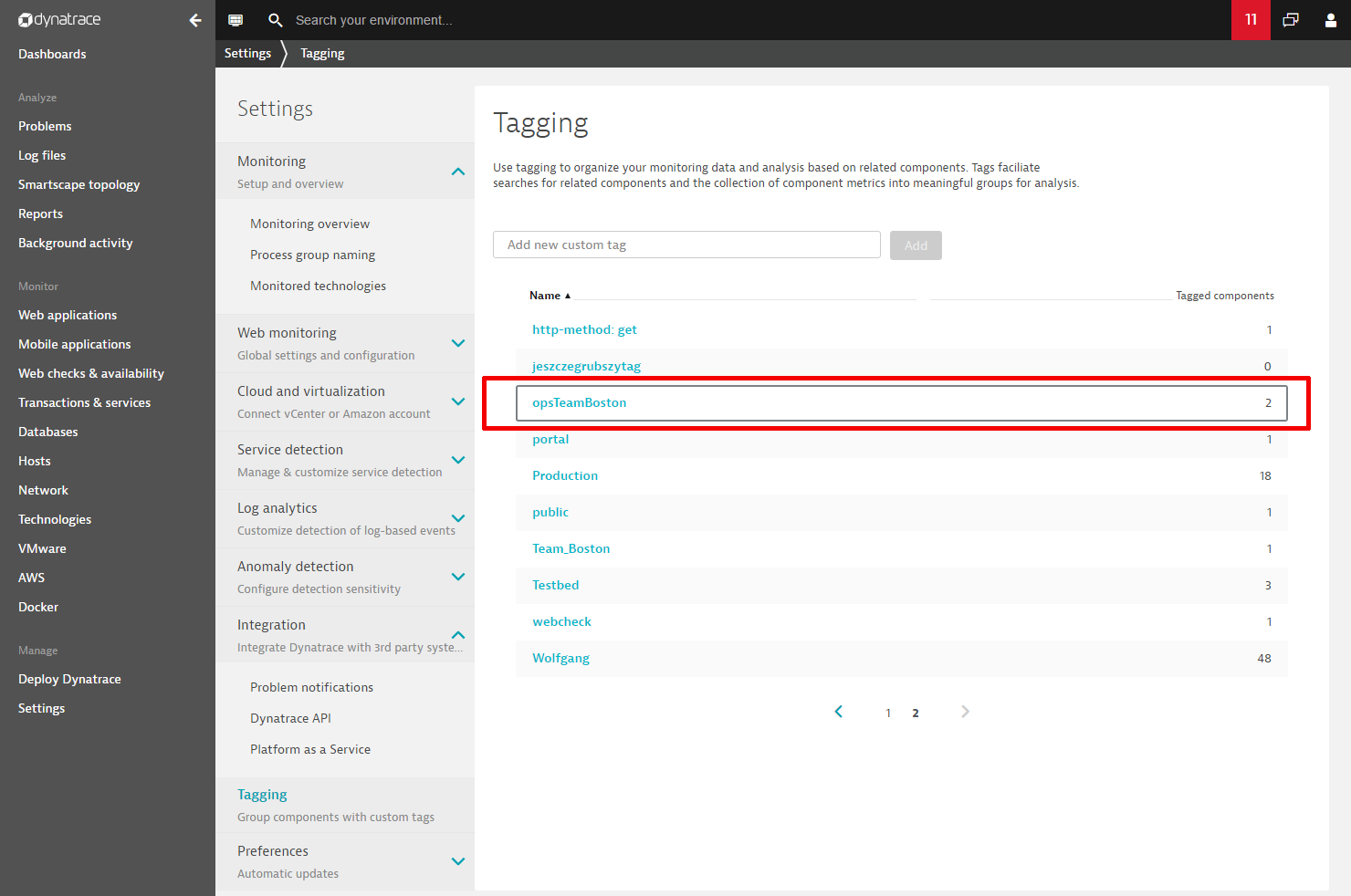 Select a Dynatrace tag