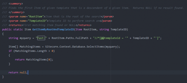 The offending code that uses FAST QUERY instead of using a more traditional method of accessing an item.