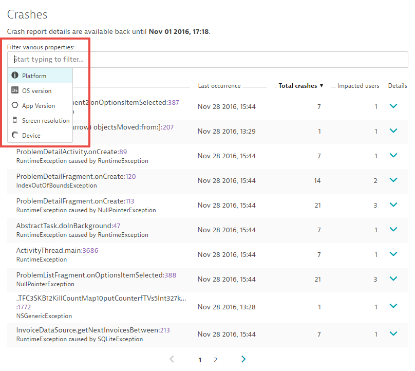 mobile device crash reports