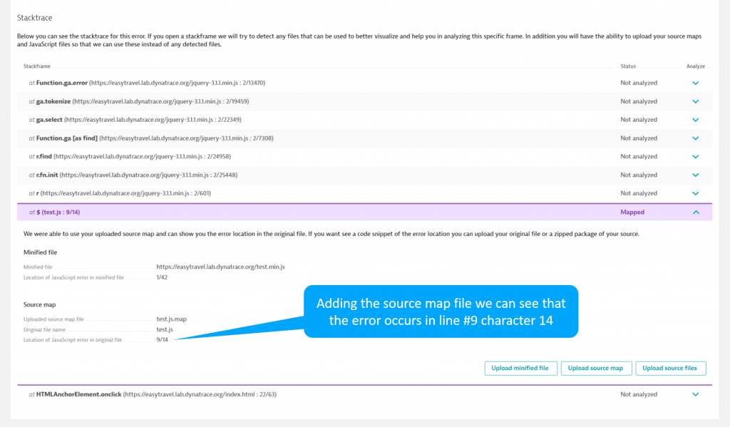 Adding the source map file we can see that the error occurs in line #9 character 14