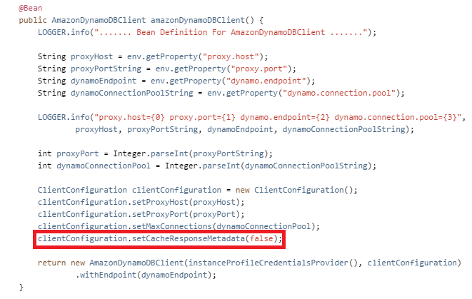 Our code change to change the default cache behavior of the Amazon DynamoDB Client Library.