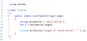 A simple C# console app, printing the length of the string "Hello World!" to console.