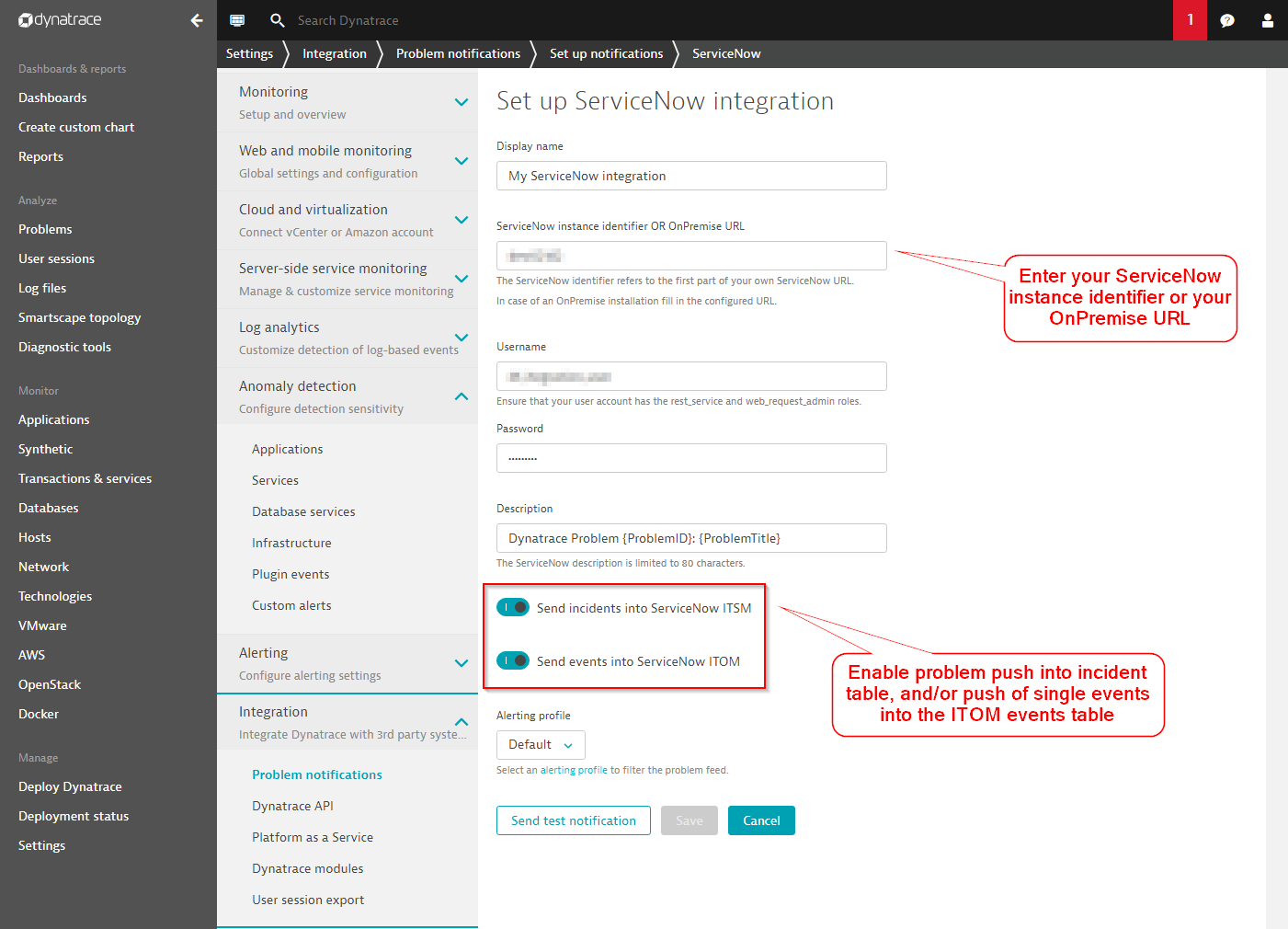 Setup ServiceNow Integration Dynatrace