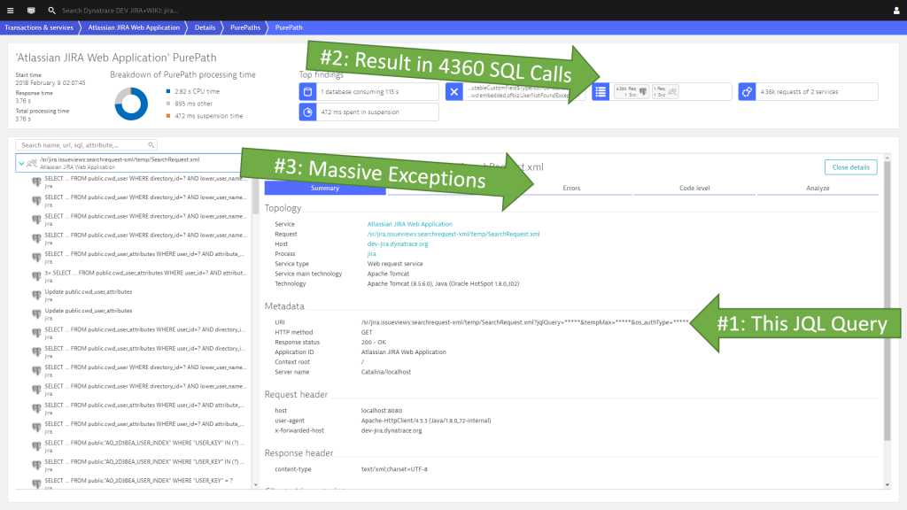 Dynatrace detects that this single search causes massive pressure on the database and results in many internal exceptions.