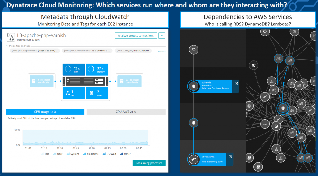 Dynatrace tells you on which virtual machines or in which containers your code runs. It also tells you which paid cloud services are used by which of your applications and services.