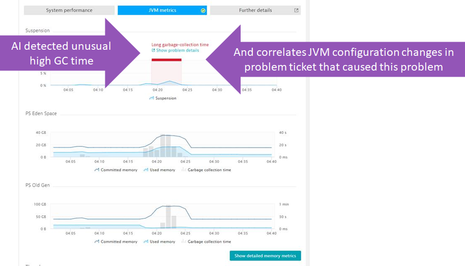 Dynatrace automatically alerts on high garbage collection and provides direct access to all configuration changes that happened on this JVM.