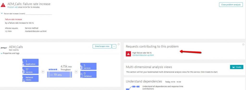 Dynatrace baselines failure rate, response time and throughput for every web service or URL endpoint. The high failure rate impacts all other depending services and applications.