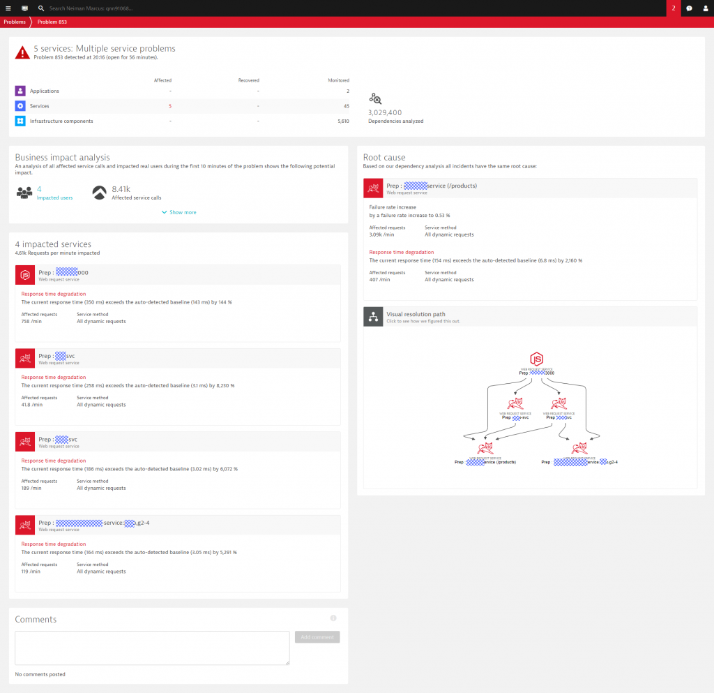 Dynatrace AI automatically traverses microservice dependencies in case of a problem leading us directly to the Root Cause