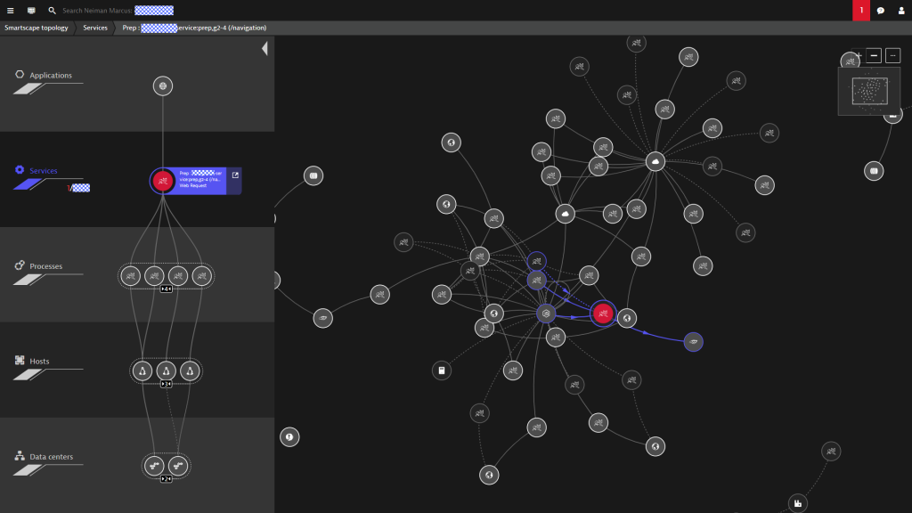 Smartscape gives us live full stack insights into the deployed services, all dependencies and highlights unhealthy entities!