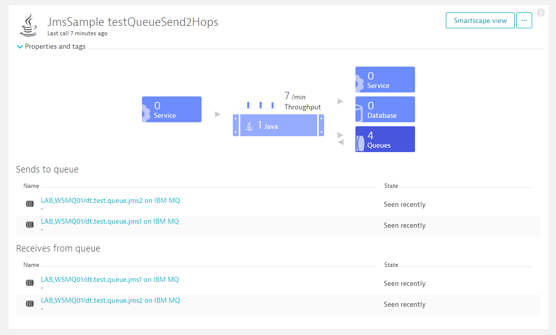 Service overview page when using IBM MQ