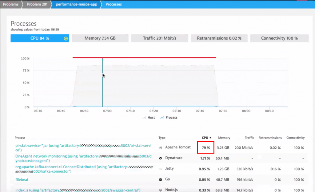 Dynatrace gives us key resource metrics for every process over time. Easy to spot that it was indeed Tomcat consuming all that CPU!
