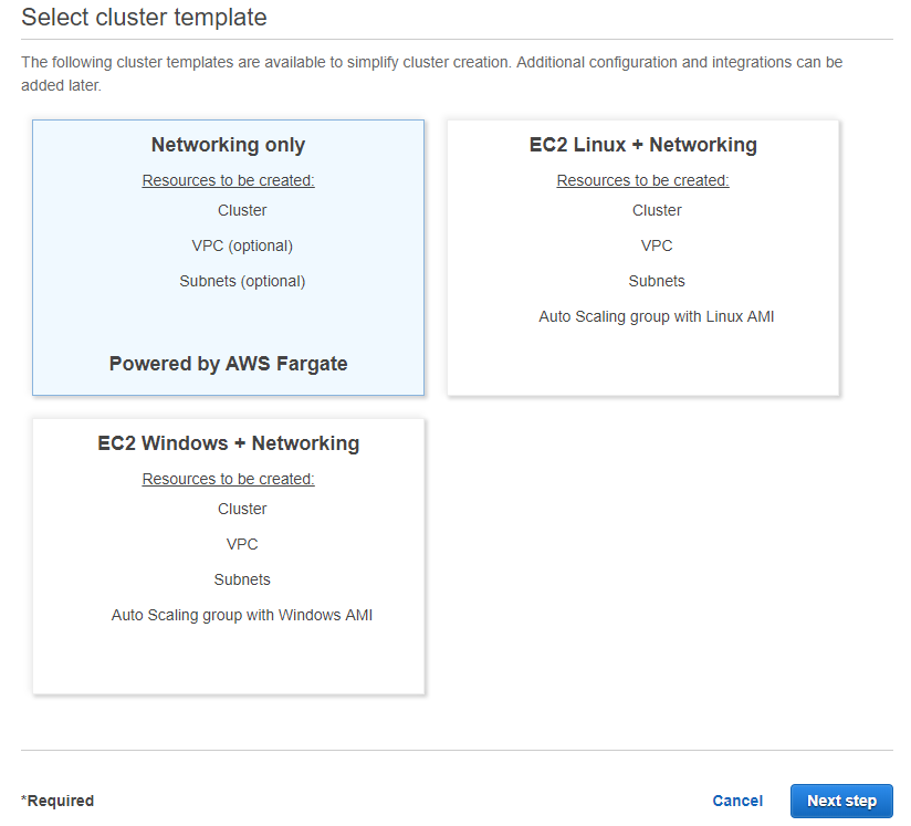 When creating a new ECS cluster simply select “Networking only” (Powered by AWS Fargate)