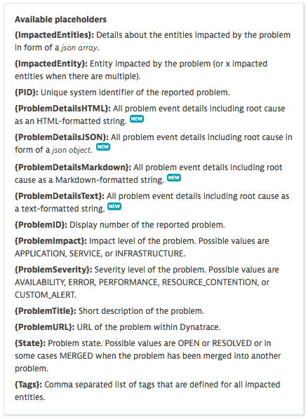 problem details placeholders for pushing Dynatrace problem detection details to third-party notiofication services