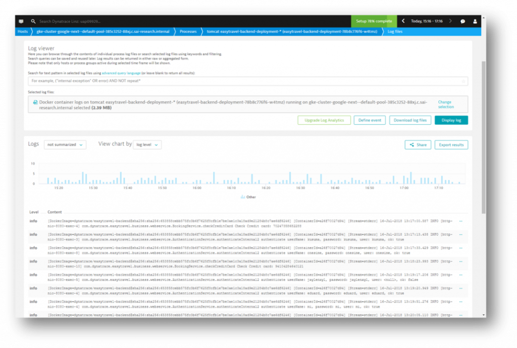 An example of the logs collected from one of our apps. Dynatrace can utilize these logs as part of problem analysis, and you can search across all your logs from one place